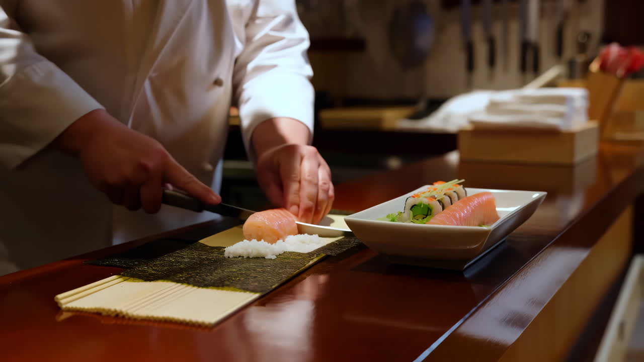 A chef preparing sushi or sashimi at a restaurant