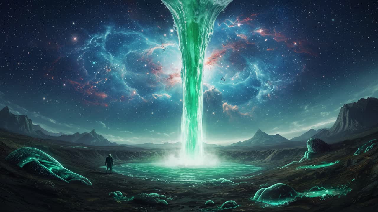 A Stunning Cosmic Portal: A Mesmerizing Visual of a Radiant Green Waterfall Pouring into a Galactic Abyss, Surrounded by Otherworldly Landscapes and Celestial Wonders