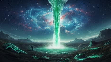 a stunning cosmic portal: a mesmerizing visual of a radiant green waterfall pouring into a galactic abyss, surrounded by otherworldly landscapes and celestial wonders