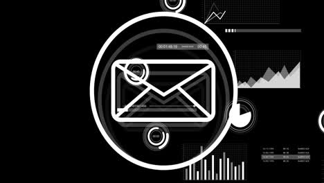 animación del procesamiento de datos financieros y icono de correo electrónico sobre fondo negro