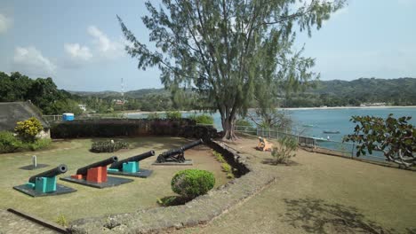 Vista-Aérea-Descendente-De-Cánones-Históricos-En-Fort-James-En-La-Isla-Tropical-De-Tobago