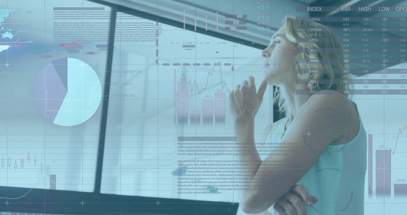Animation of statistics and financial data processing over caucasian businesswoman