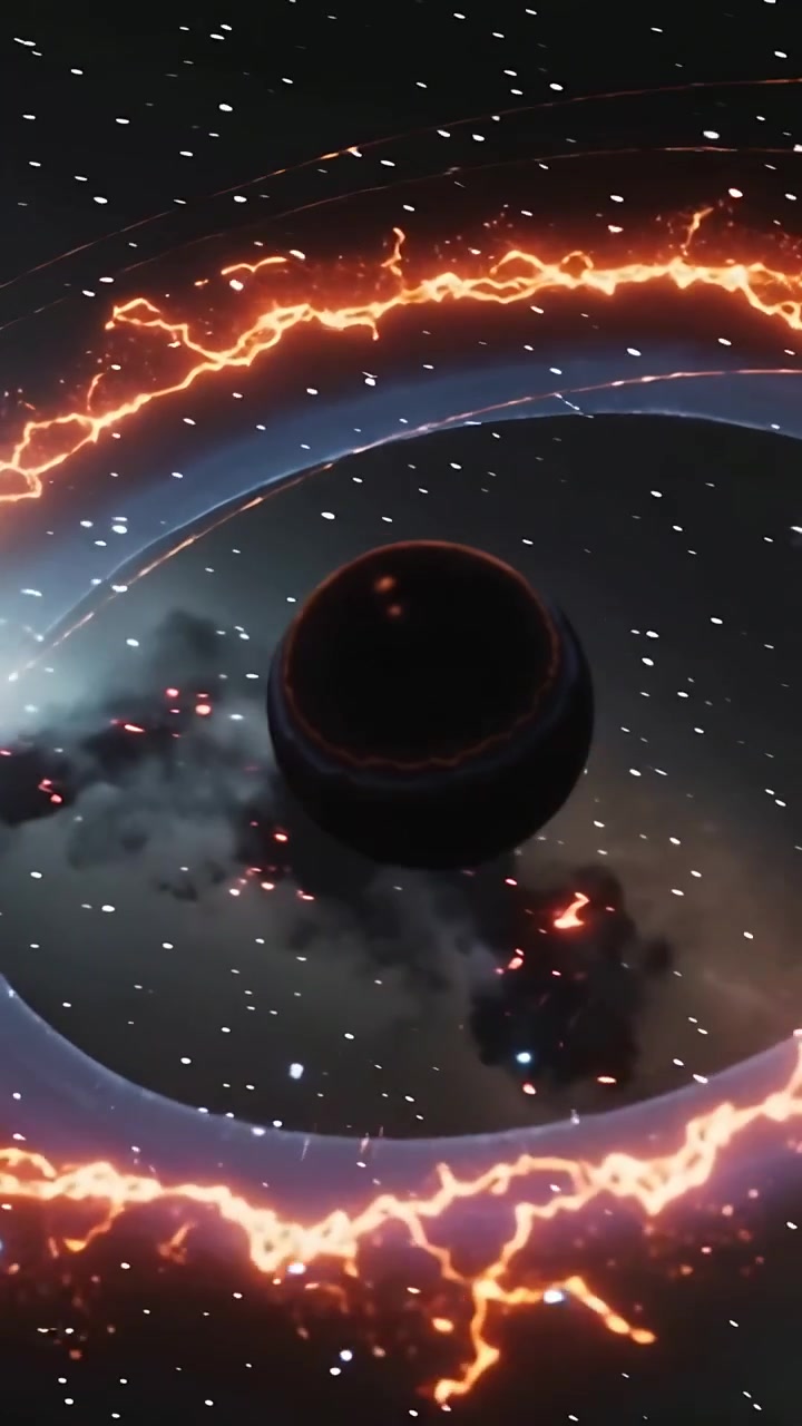 Vertical video: Pulsing orange arc forming bright torus around sphere in nebula, pulling sparks in