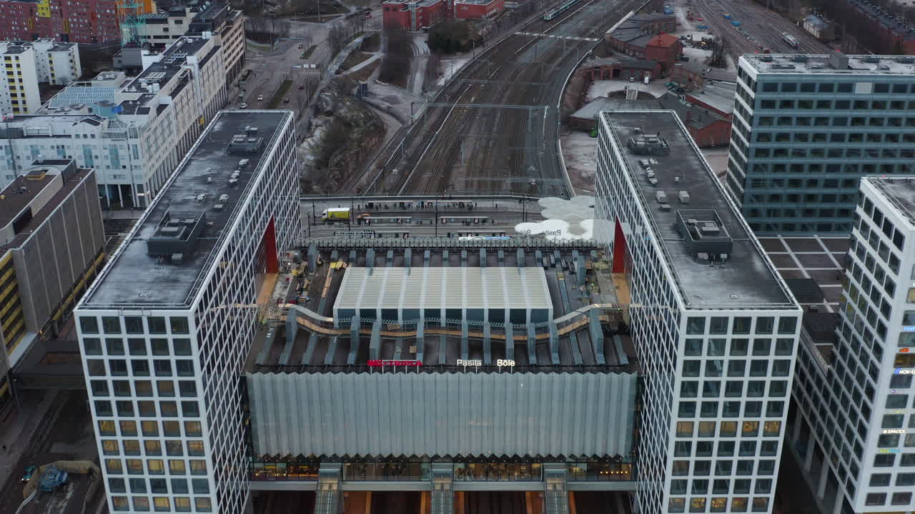 Aerial views of Pasila train station and railway in Helsinki, Finland