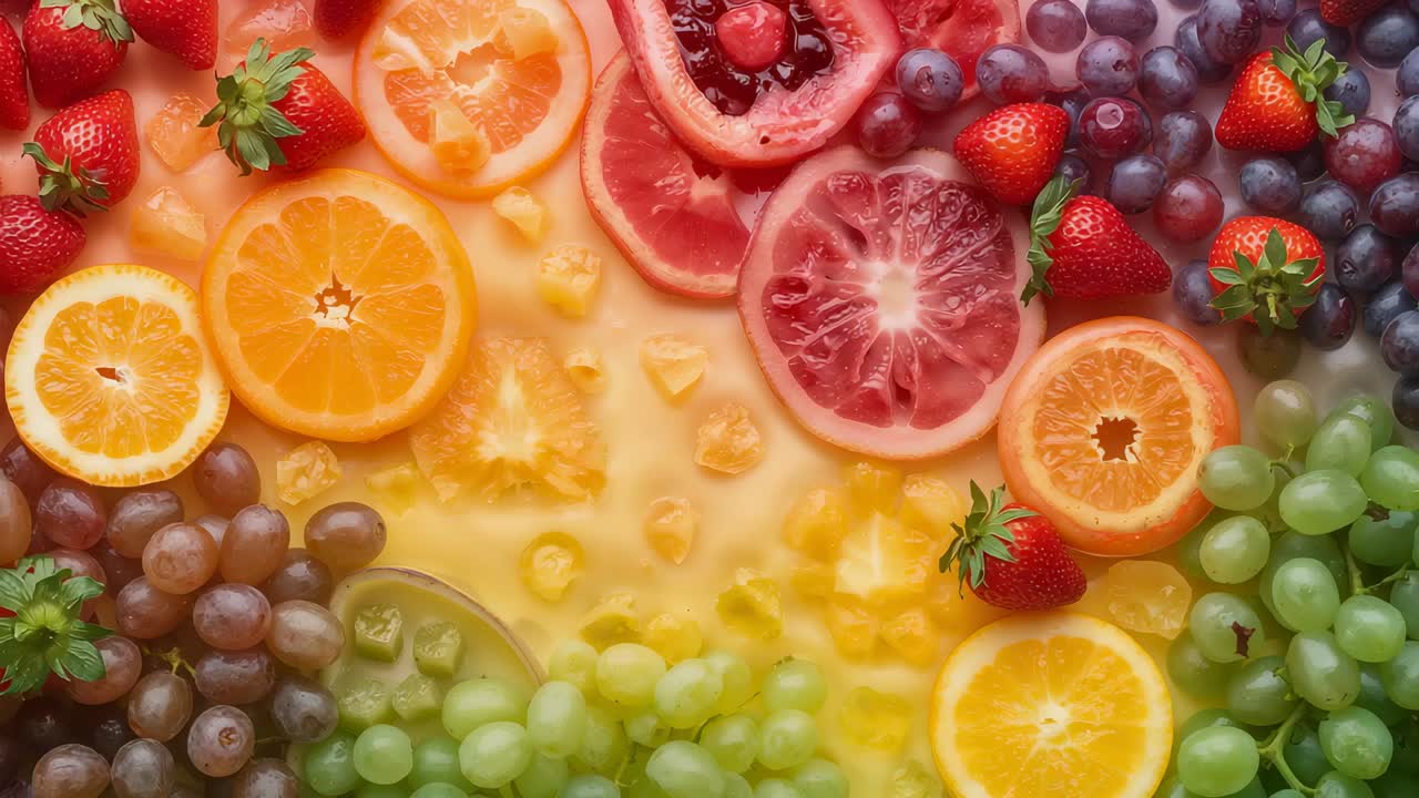Licht verschieben, Fokus verstärken, Zentrum hervorheben, flache Fruchttexturen, Zitrusfrüchte, Granatapfel, Trauben