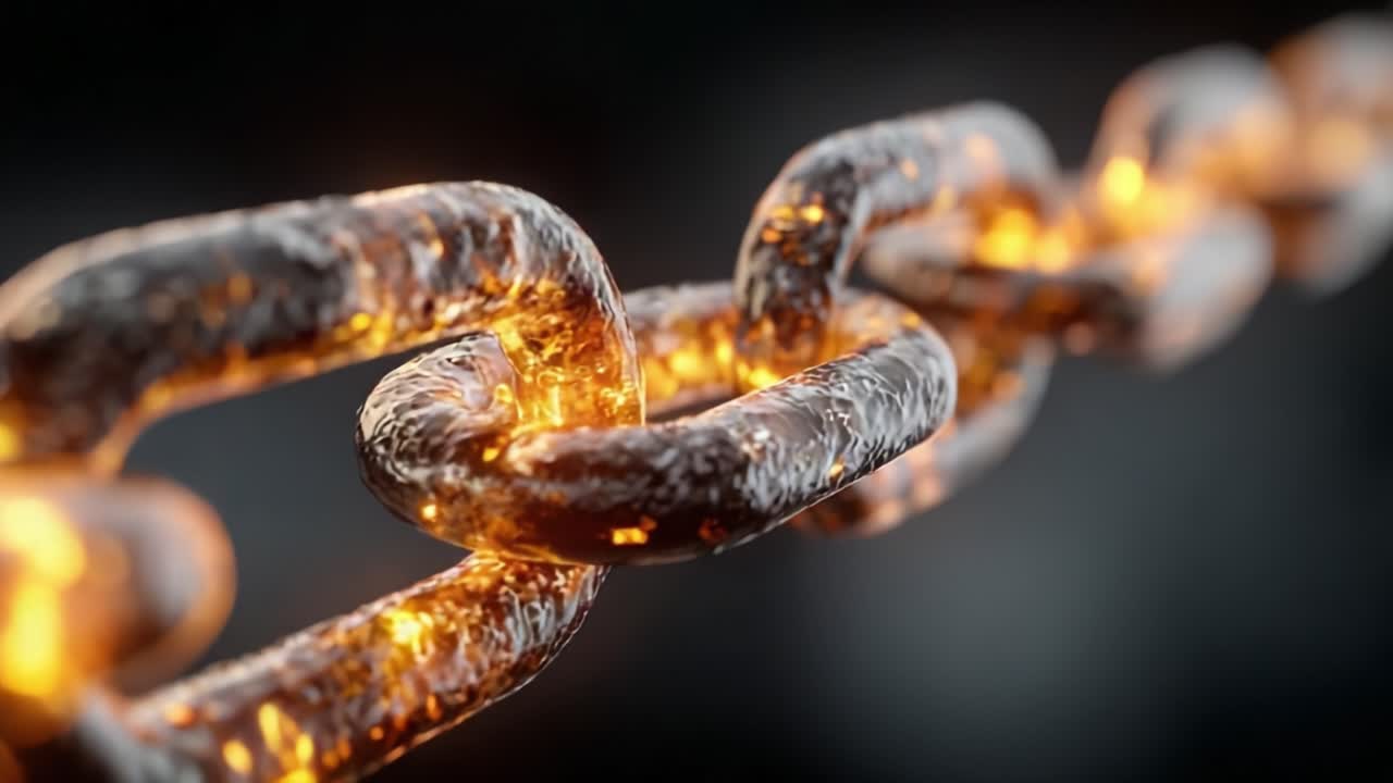 A Stunning Close-Up of a Glowing Metallic Chain Link, Capturing the Intricacies of Its Design and the Reflection of Light on the Surface for Visual Impact