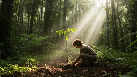 a young gardener planting a sapling in a lush forest surrounded by sunlight, embodying the spirit of conservation and nurturing nature through active participation