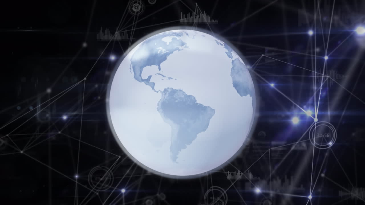 анимация глобуса над точками, соединенными линиями и иконками графиков на абстрактном фоне