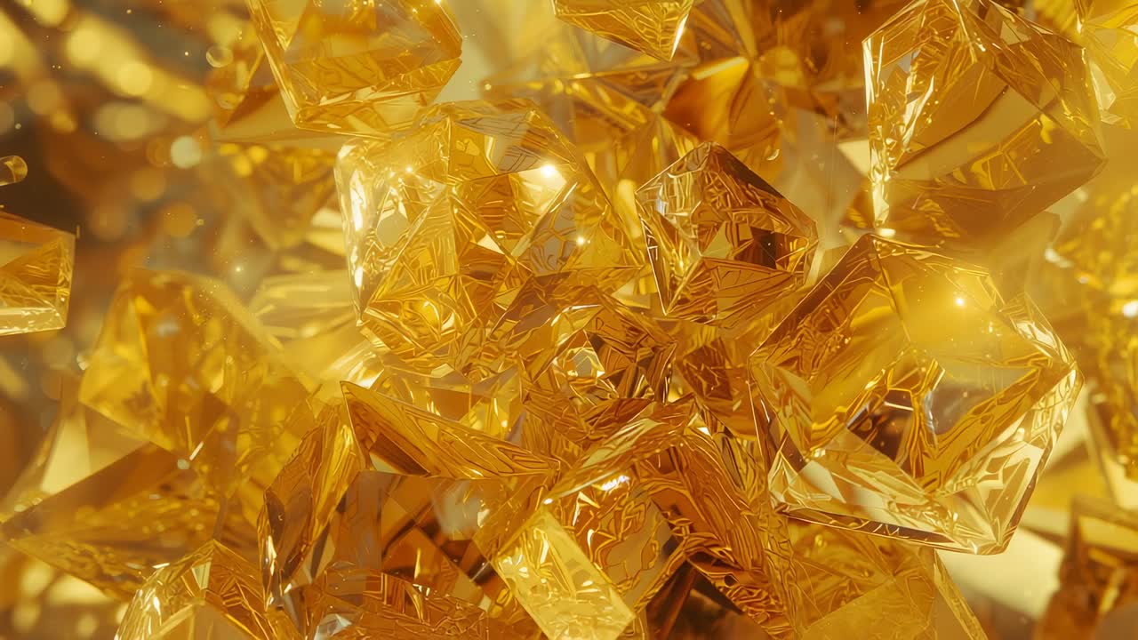 Close-up showing golden cluster rotating and camera zooming to reveal facets in reflective backdrop
