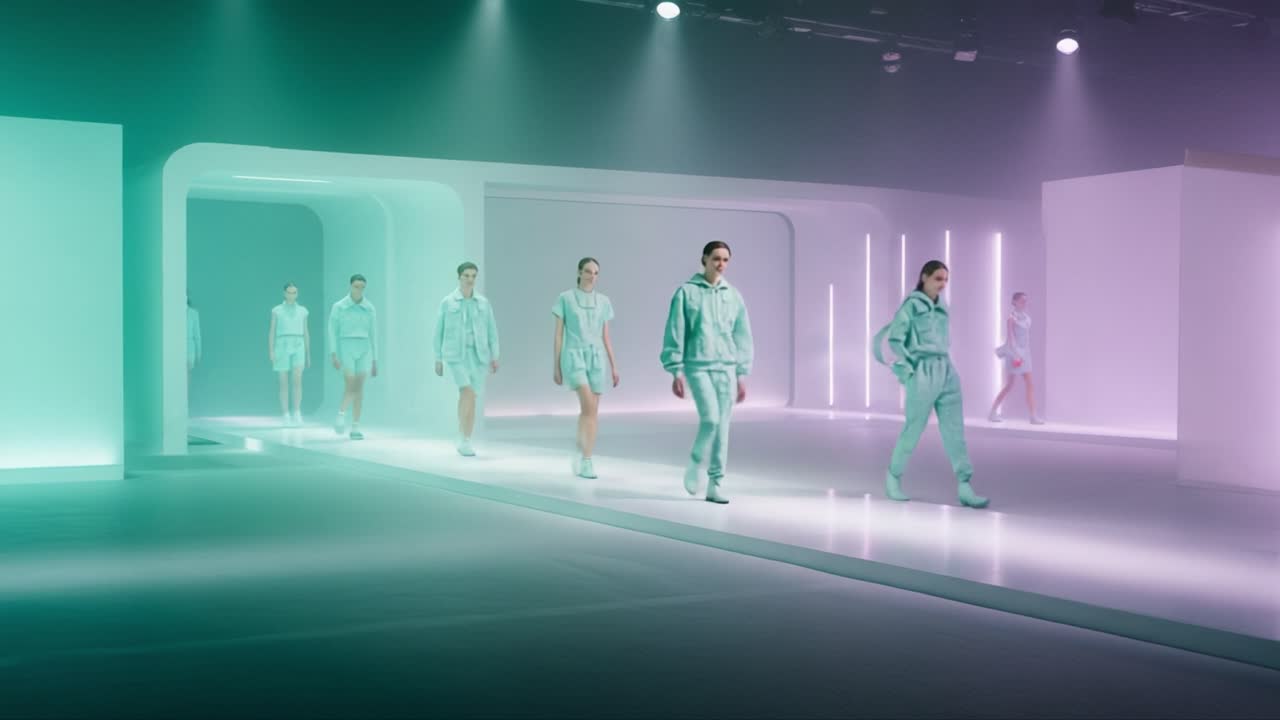 A Captivating Fashion Show Featuring Models in Stylish Mint Green Attire, Elegantly Walking Down the Runway in a Futuristic and Ethereal Setting