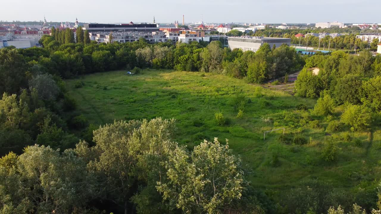 Aerial drone view over abandoned Edmund Szyc Stadium in Poznan, Poland