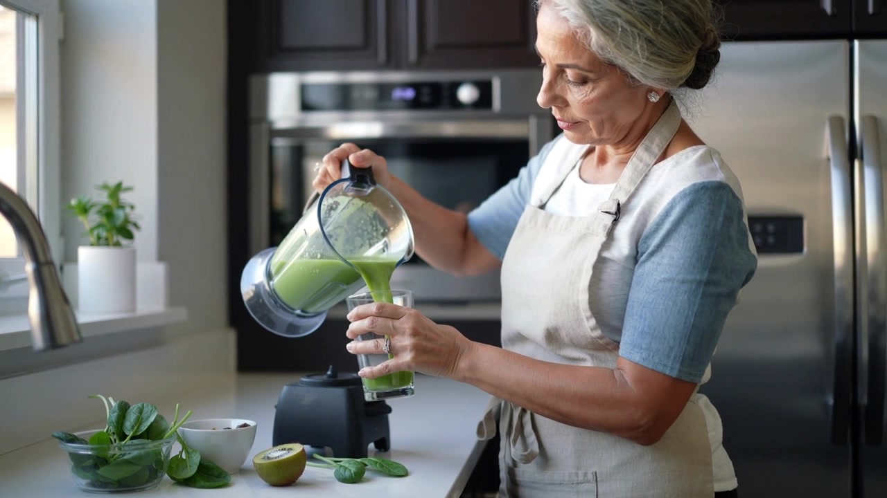 Donna anziana che si allunga, sollevando il frullatore, versando una bevanda in un bicchiere sul bancone, in grembiule mentre prepara la bevanda.