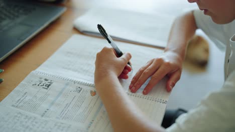 school child doing science homework late afternoon. 4k