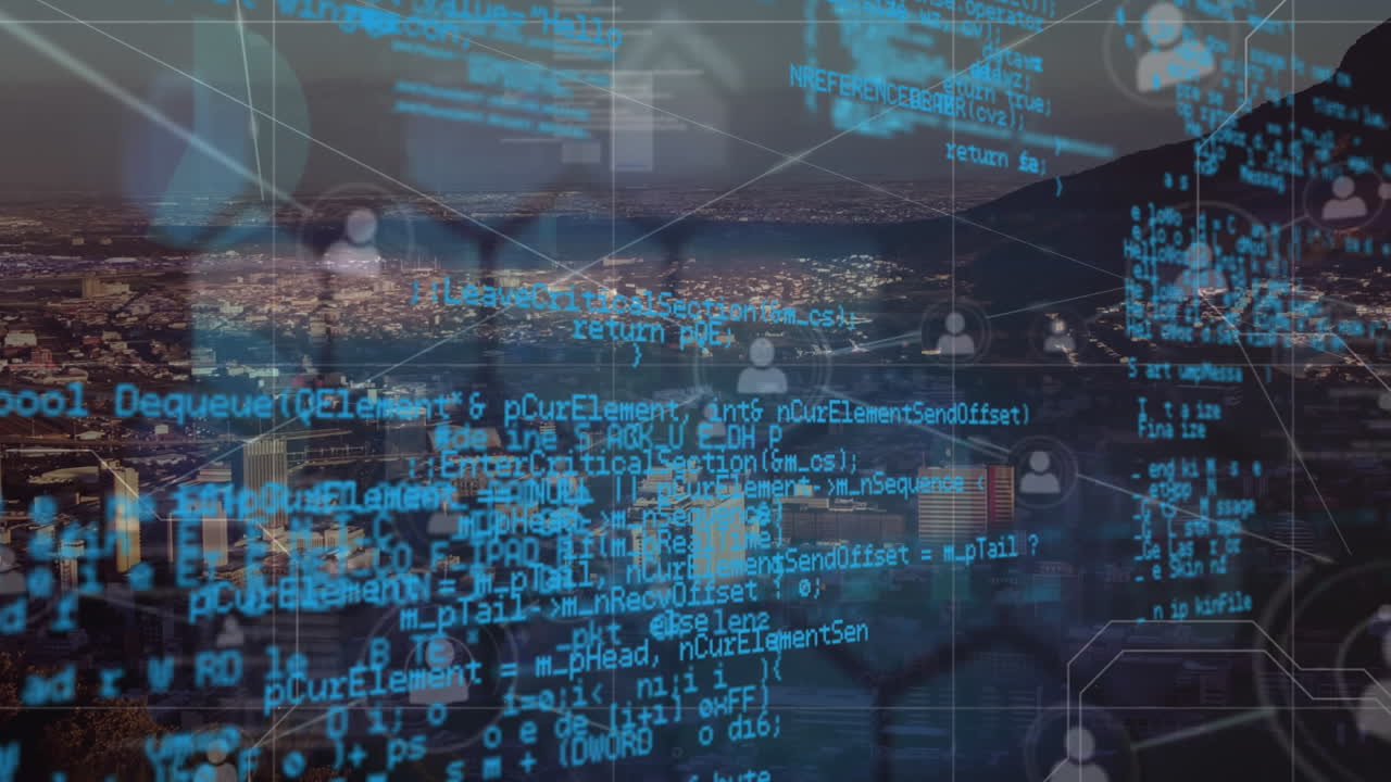 도시 풍경에 대한 연결 네트워크와 데이터 처리의 애니메이션