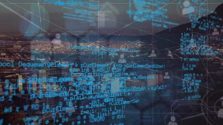 Animation of network of connections and data processing over cityscape