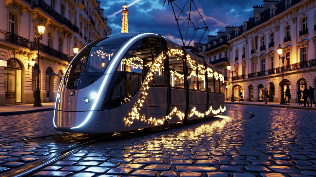 el tranvía moderno se desliza por calles adoquinadas, adornadas con luces navideñas, pasando por el paisaje urbano europeo iluminado con la torre eiffel al anochecer.