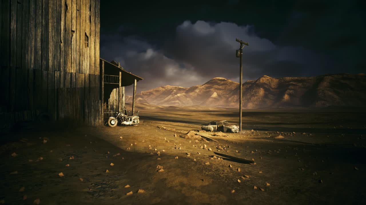 Paesaggio desolato illuminato dalle ombre di casse sparse e macchinari.