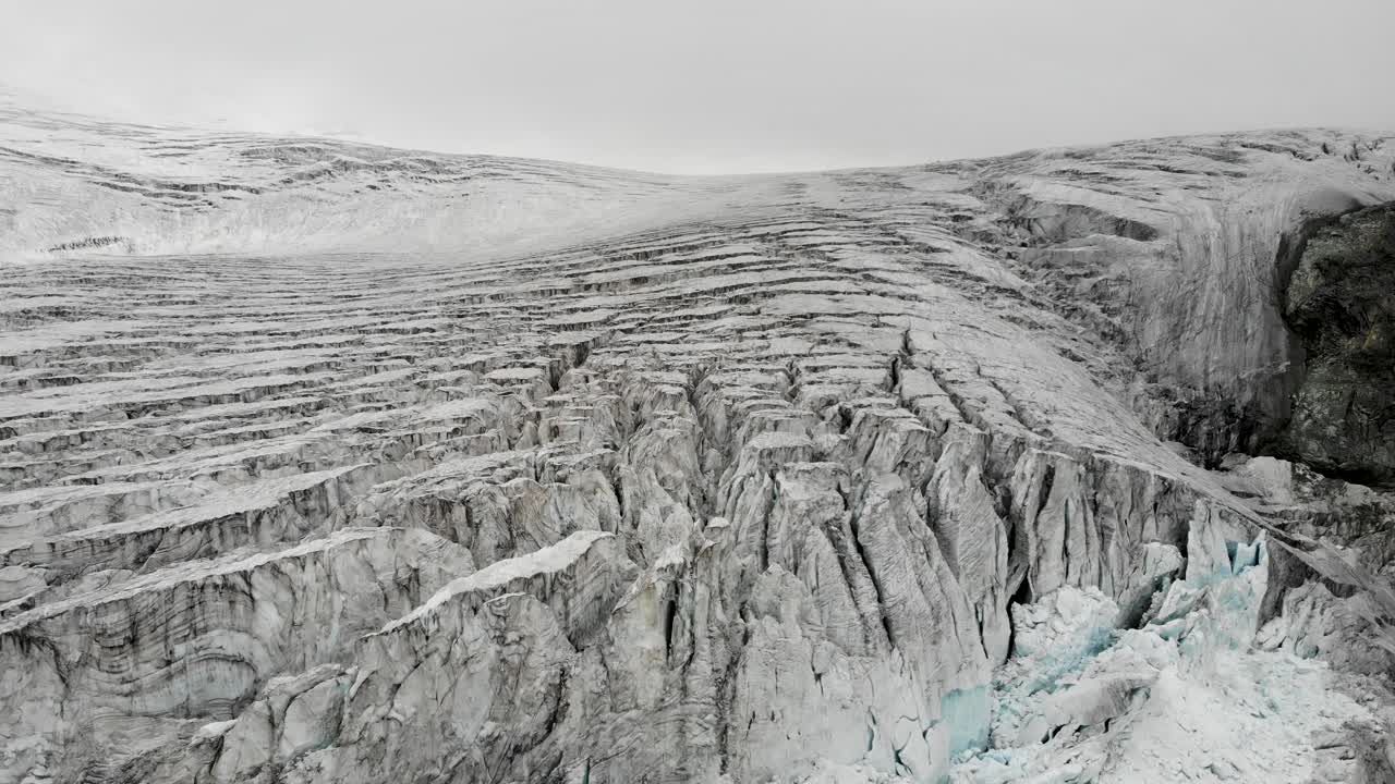 Aerial view of the crevasses of the Moiry glacier near Grimentz in Valais, Switzerland on an overcast day
