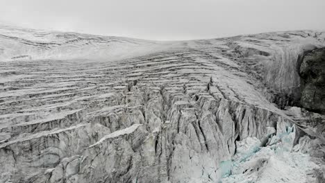 aerial view of the crevasses of the moiry glacier near grimentz in valais, switzerland on an overcast day