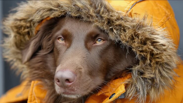 Un cane adorabile con un'accogliente giacca arancione con cappuccio di pelliccia, catturato con dettagli vivaci su uno sfondo tenue in due fotogrammi