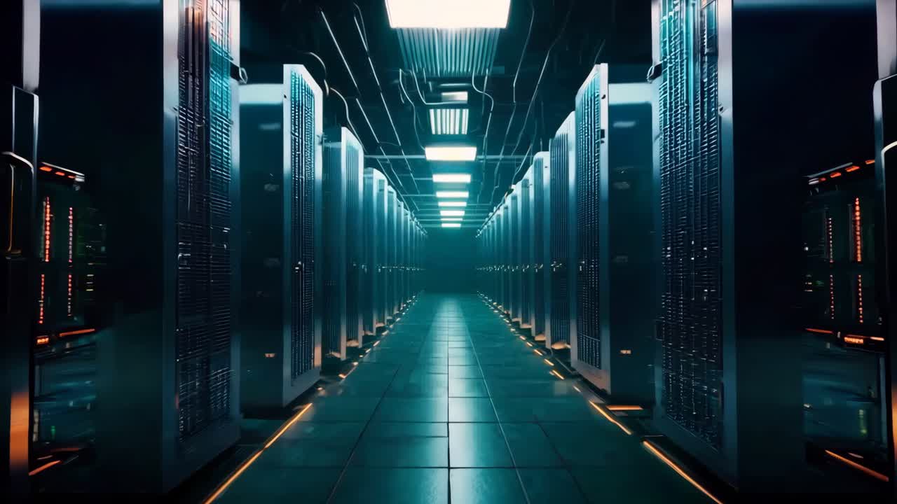 A long hallway in a server room filled with rows of servers