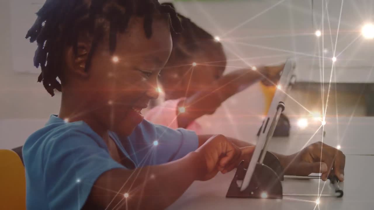 Animation of network of connections over african american schoolchildren using tablets
