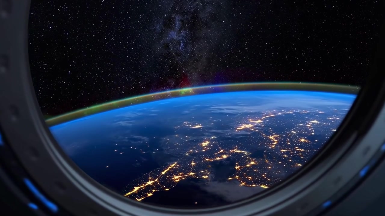 View of Earth at Night from Space Porthole with Glowing City Lights