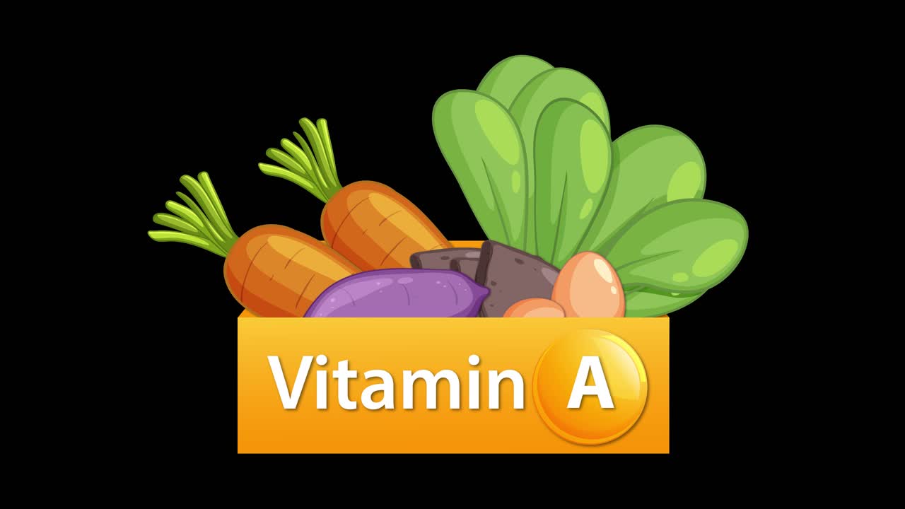 Scatola animata di vitamina A che rivela verdure assortite, colori vivaci, stile vettoriale piatto, sfondo nero