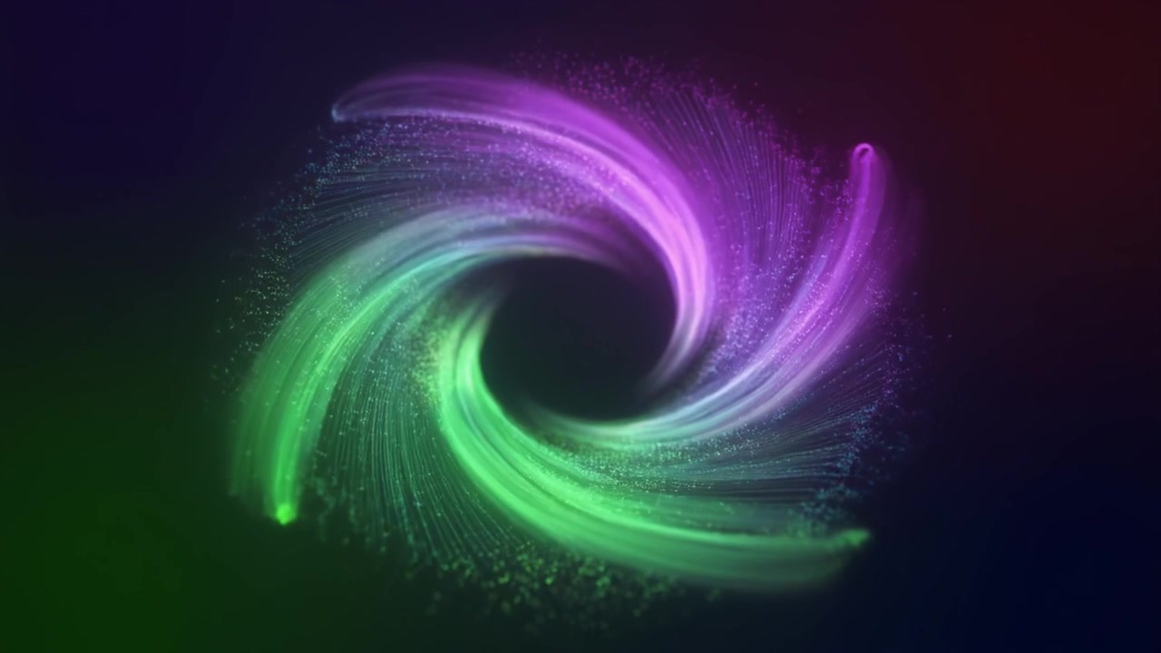 Abstract Swirling Particle Vortex in Green and Purple