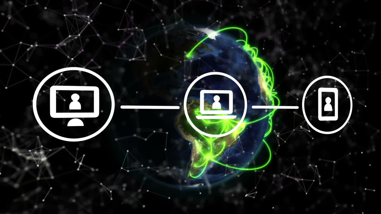 회전하는 지구 위의 연결 네트워크, 디지털 아이콘 및 녹색 빛 트레일의 애니메이션