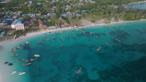 aerial view of wooden fisherman boats and sandy beach at kendwa village, zanzibar,tanzania