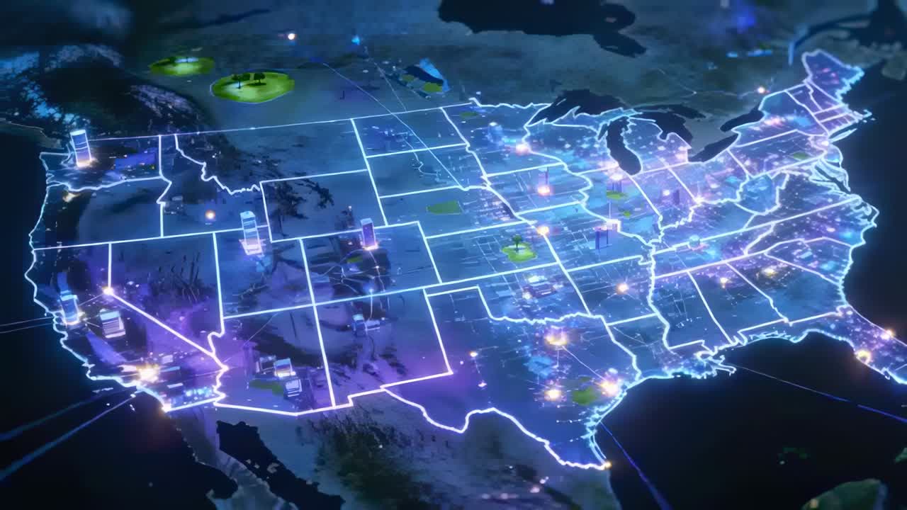 Starting US neon map showing cyan borders, pulsing hubs, linking lines, green beacons at night
