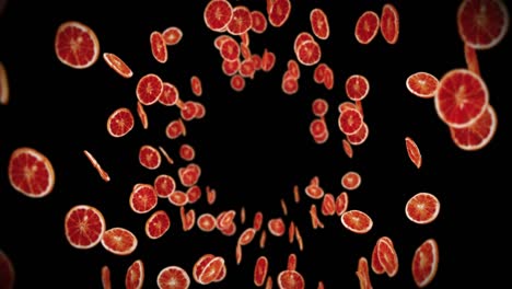 flying many dried oranges on black background. dehydrated fruits, food concept. 3d animation of sliced fruits oranges rotating. loop animation.