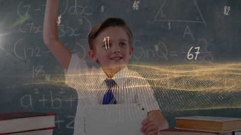 animation of moving math formulas and data processing over school boy