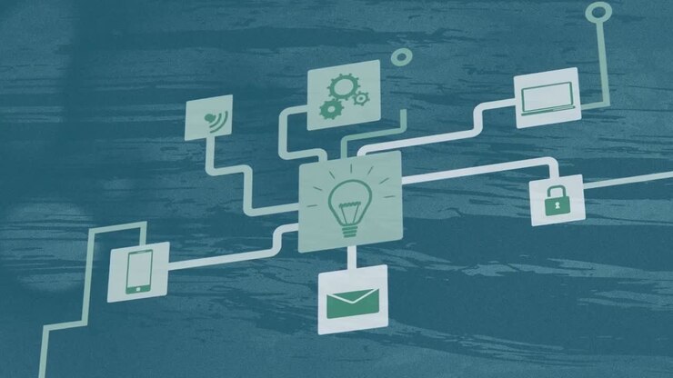 Animation of network of connections with icons on blue background