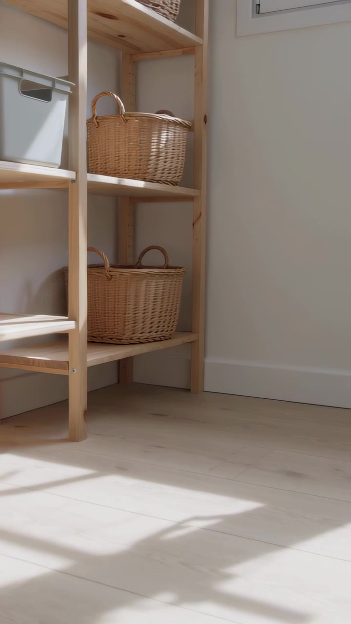Video verticale: Telecamera panoramica che mostra uno scaffale in legno in un angolo di casa, cesti di vimini, un contenitore grigio, spazio per il testo