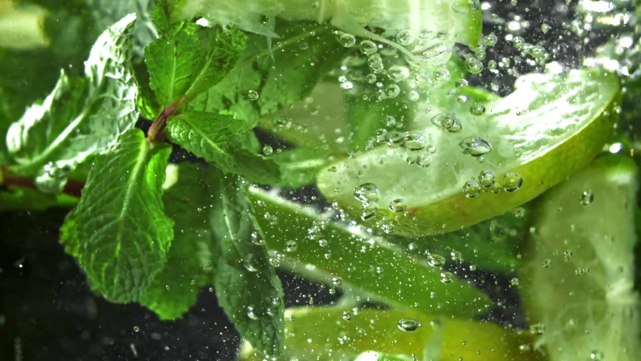Menta fresca e fette di lime in acqua frizzante con bollicine