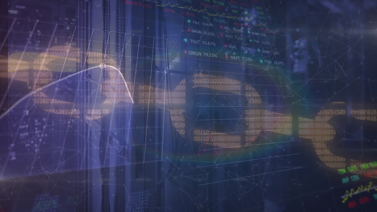 Animation of data processing and chain over server room