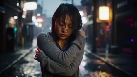 a young woman stands alone in a rainy urban alley, embracing herself with a pensive expression as the soft glow of neon lights illuminates the wet streets