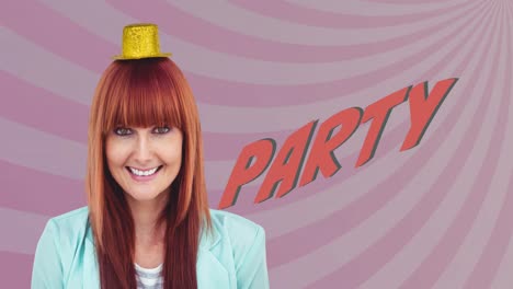 Animation-of-party-text-over-caucasian-woman-with-party-hat