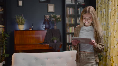 happy young woman with earphones watching video on tablet and dancing in living room 1