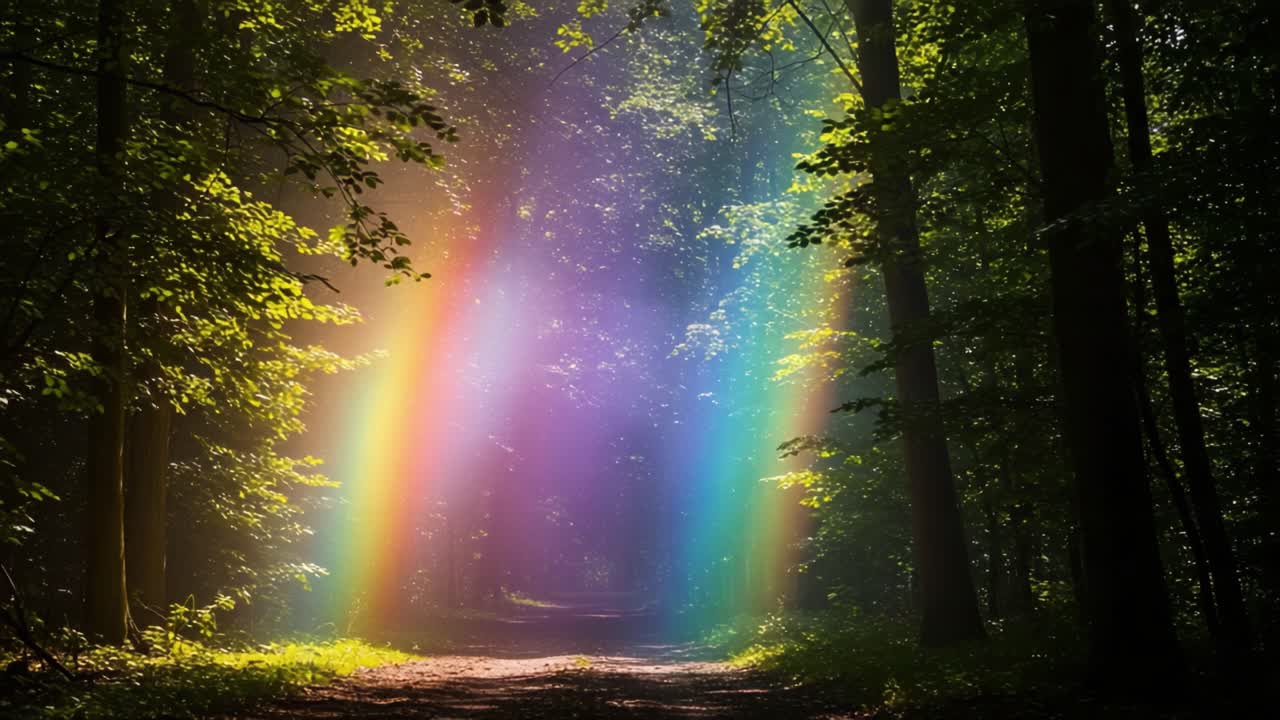 A Captivating Transformation of Light in a Lush Forest Path, Showcasing the Beauty of Nature's Rainbows with Vibrant Colors and Serene Surroundings
