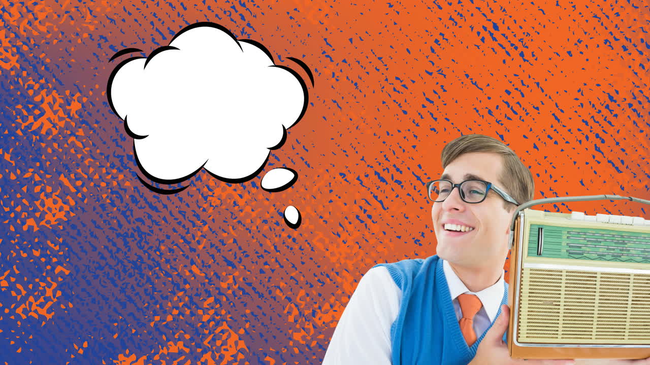 animación de un hombre sosteniendo una radio antigua, burbuja de habla con espacio de copia en un fondo angustiado