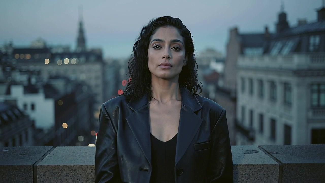 Reagendo alla brezza, una donna che indossa un blazer in pelle scura si sposta i capelli all'indietro sul bordo di un tetto al crepuscolo
