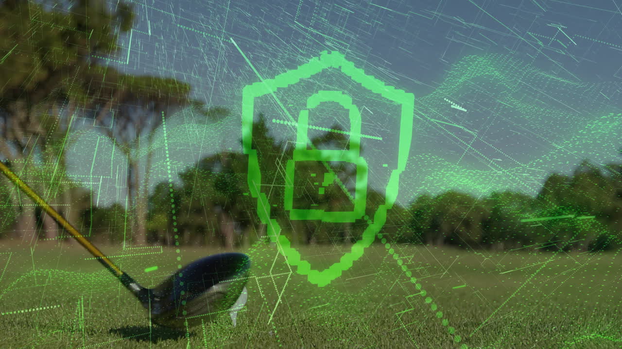Pixelated green shield hovering over golf driver head, displaying digital security network overlay