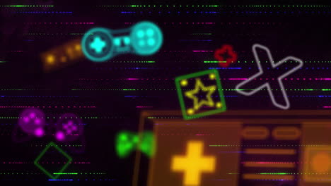 animación de iconos de conceptos de videojuegos sobre senderos de luz en un patrón sin costuras contra un fondo negro