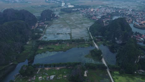 tam coc, vietnam, mostrando vegetación exuberante, campos de arroz y montañas cársticas, vista aérea