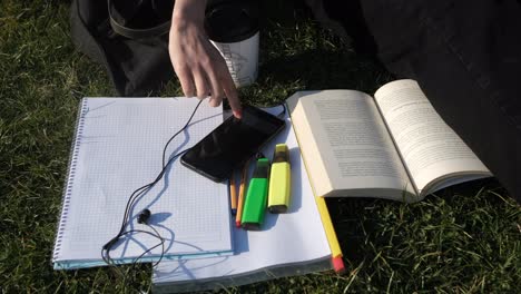 estudiante estudiando en el césped