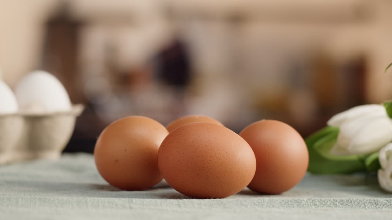 Happy Easter holiday. Chicken eggs close-up. Preparing for Easter, painting and decorating eggs. Christian celebration, family traditions.