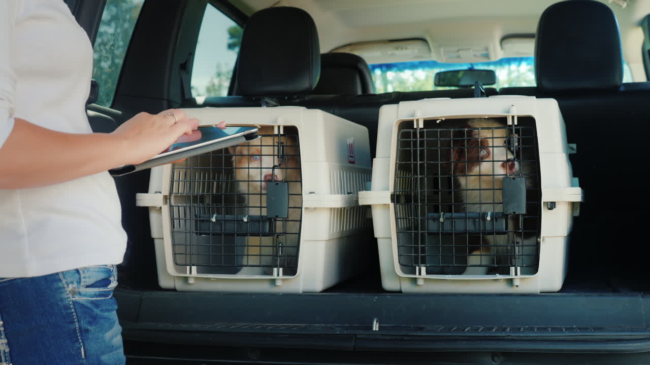 una mujer usa una tableta en la cajuela de un automóvil donde hay celdas con venta y entrega de cachorros